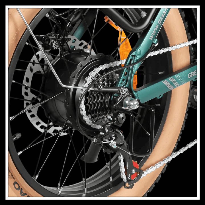 Close-up of the rear hub and drivetrain of the SAMEBIKE XWLX09 II electric bike with fat tires.
