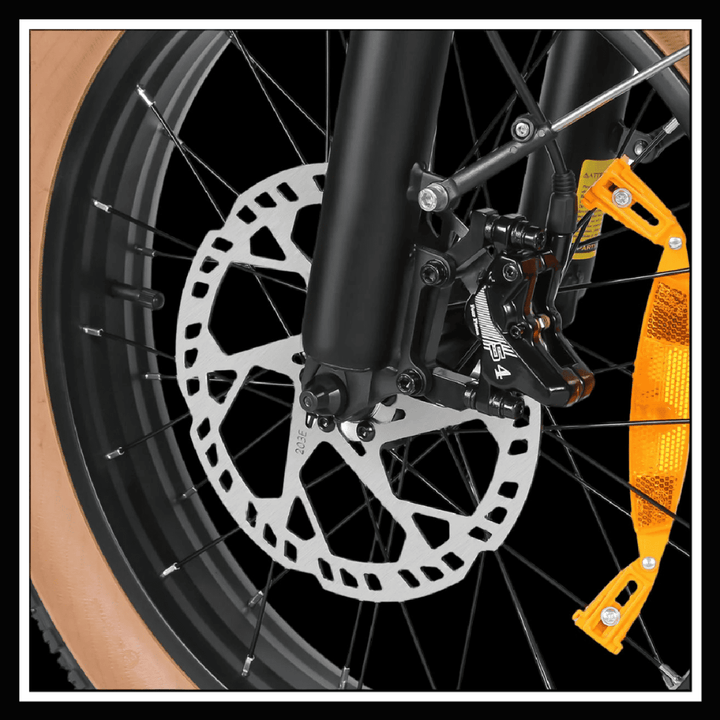 Close-up of SAMEBIKE XWLX09 II electric bike disc brake and fat tire, showcasing high-quality off-road components.