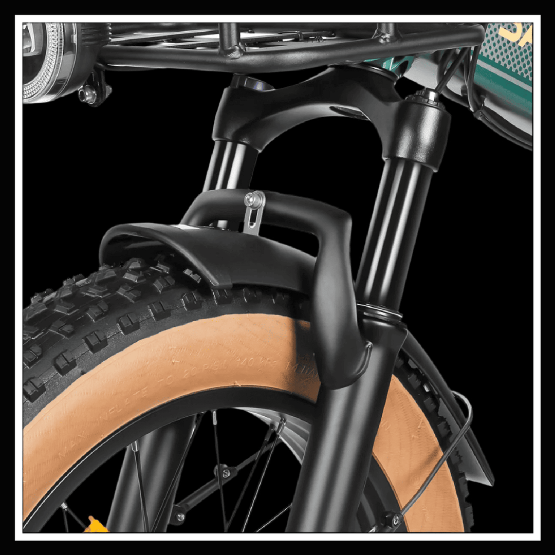 Detail of SAMEBIKE XWLX09 II electric bike's front suspension and fat tire for off-road performance.