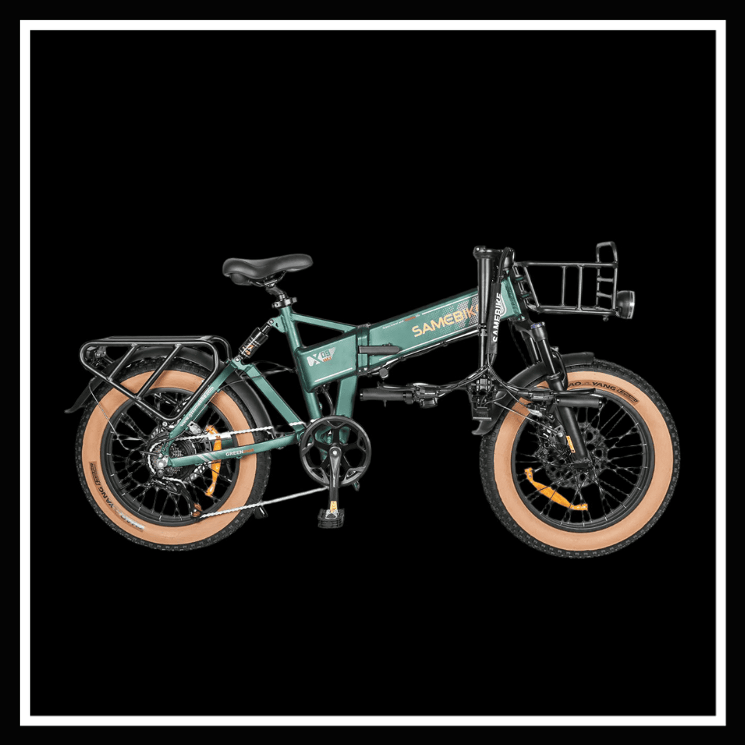 alt_tag: SAMEBIKE XWLX09 II folding electric bike in teal color with thick tires and rear rack.
