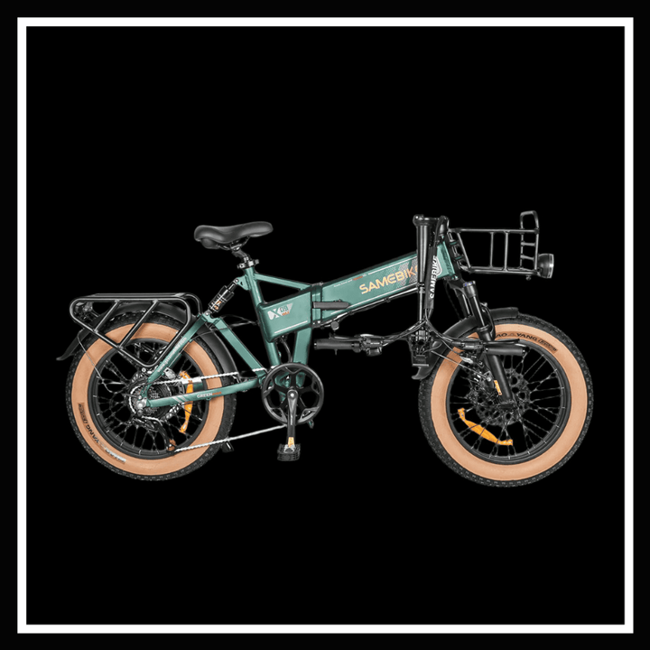 alt_tag: SAMEBIKE XWLX09 II folding electric bike in teal color with thick tires and rear rack.