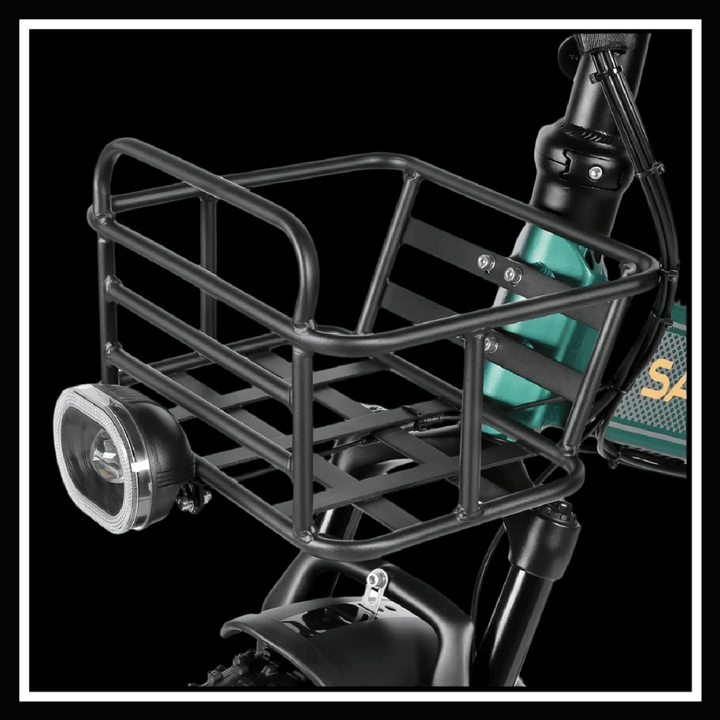 Front basket and headlight of SAMEBIKE XWLX09 II electric bike for added utility and safety.