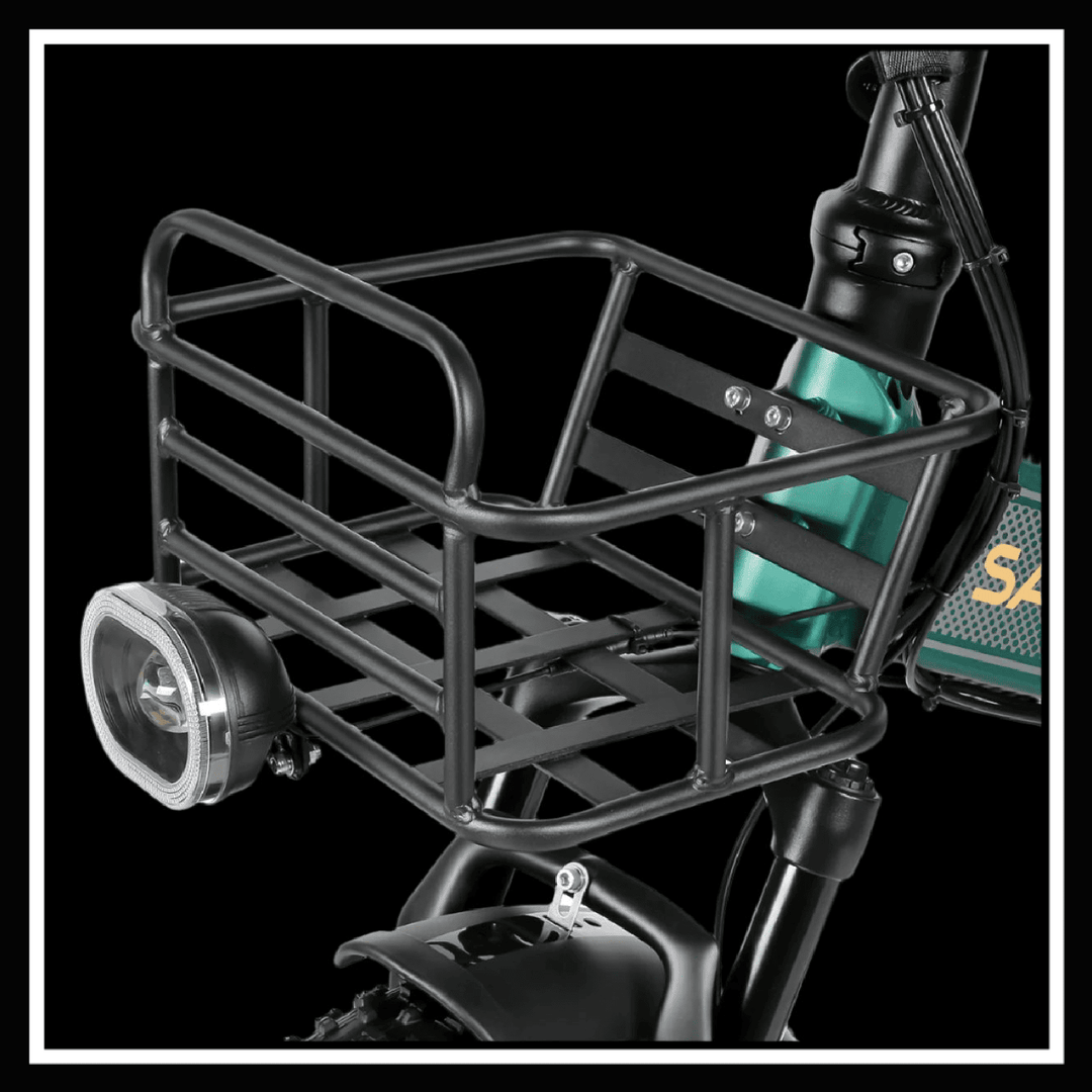 Front basket and headlight of SAMEBIKE XWLX09 II electric bike for added utility and safety.