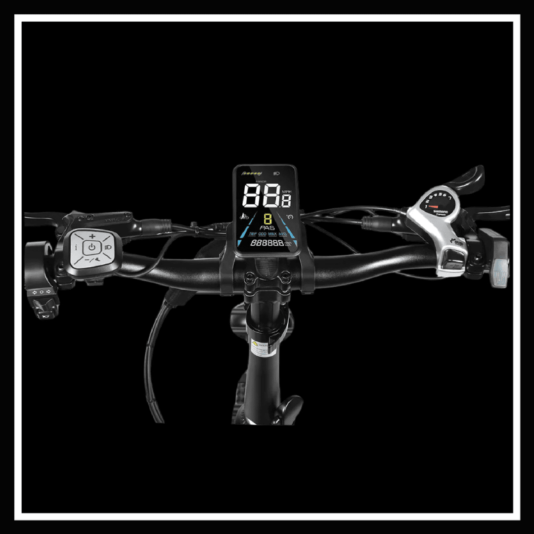 alt_tag: SAMEBIKE XWLX09 II electric bike handlebar display with controls and speedometer.
