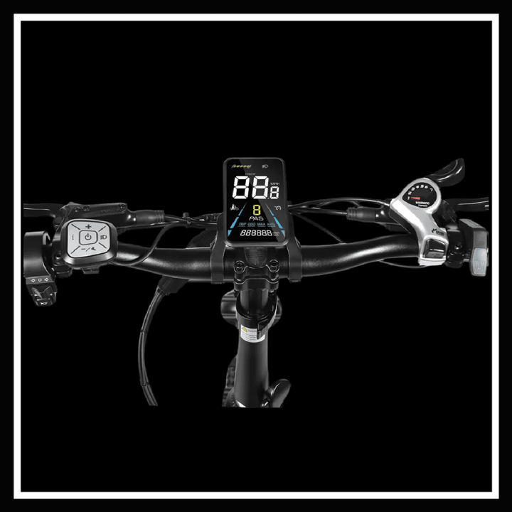 alt_tag: SAMEBIKE XWLX09 II electric bike handlebar display with controls and speedometer.