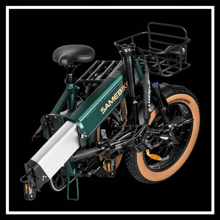 Folding design of the 🇮🇪🇪🇺🇬🇧 SAMEBIKE XWLX09 II electric bike, showcasing its compact structure and storage features.