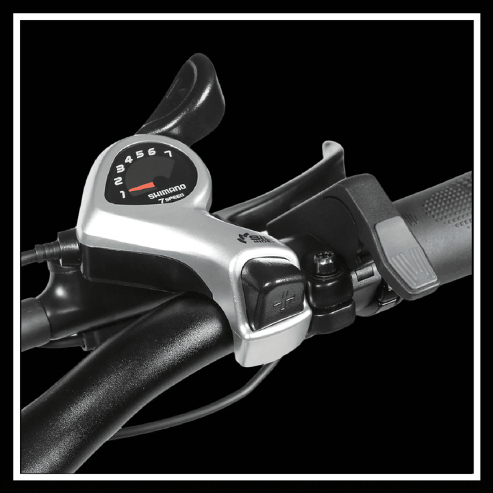 Detail view of the gear shifter on the SAMEBIKE XWLX09 II electric bike handlebars.