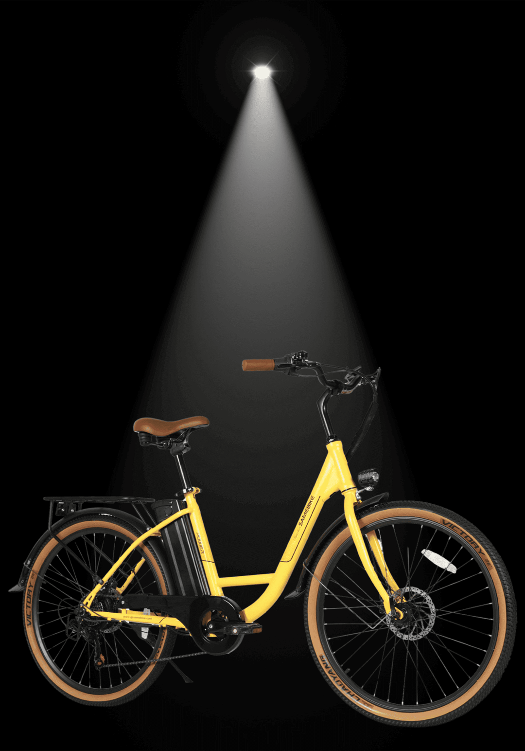 SAMEBIKE TDE10Z electric bike in yellow under a spotlight, showcasing its stylish and urban design.