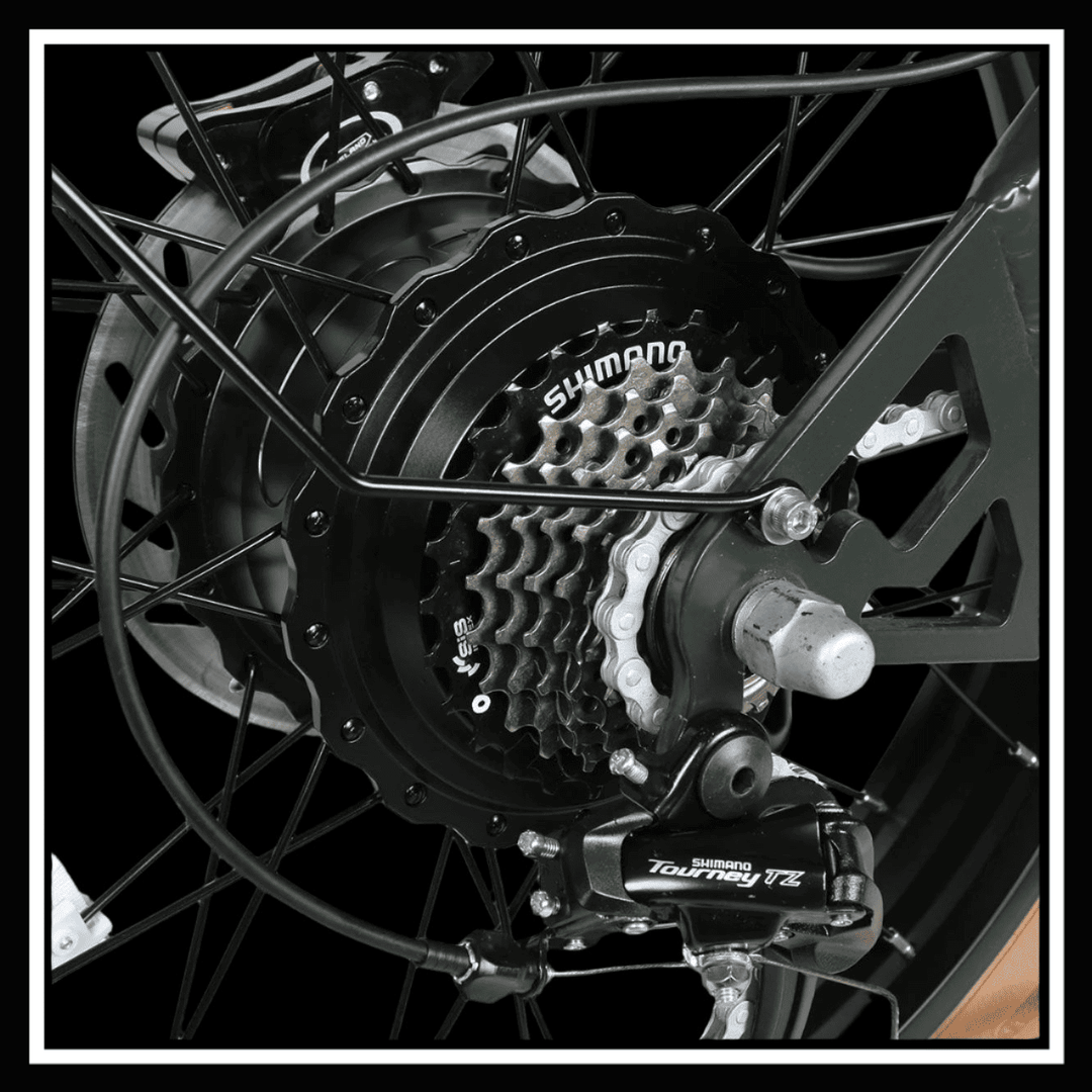 Close-up of the Shimano gearing system on the samebike M20-III electric bike's rear wheel.