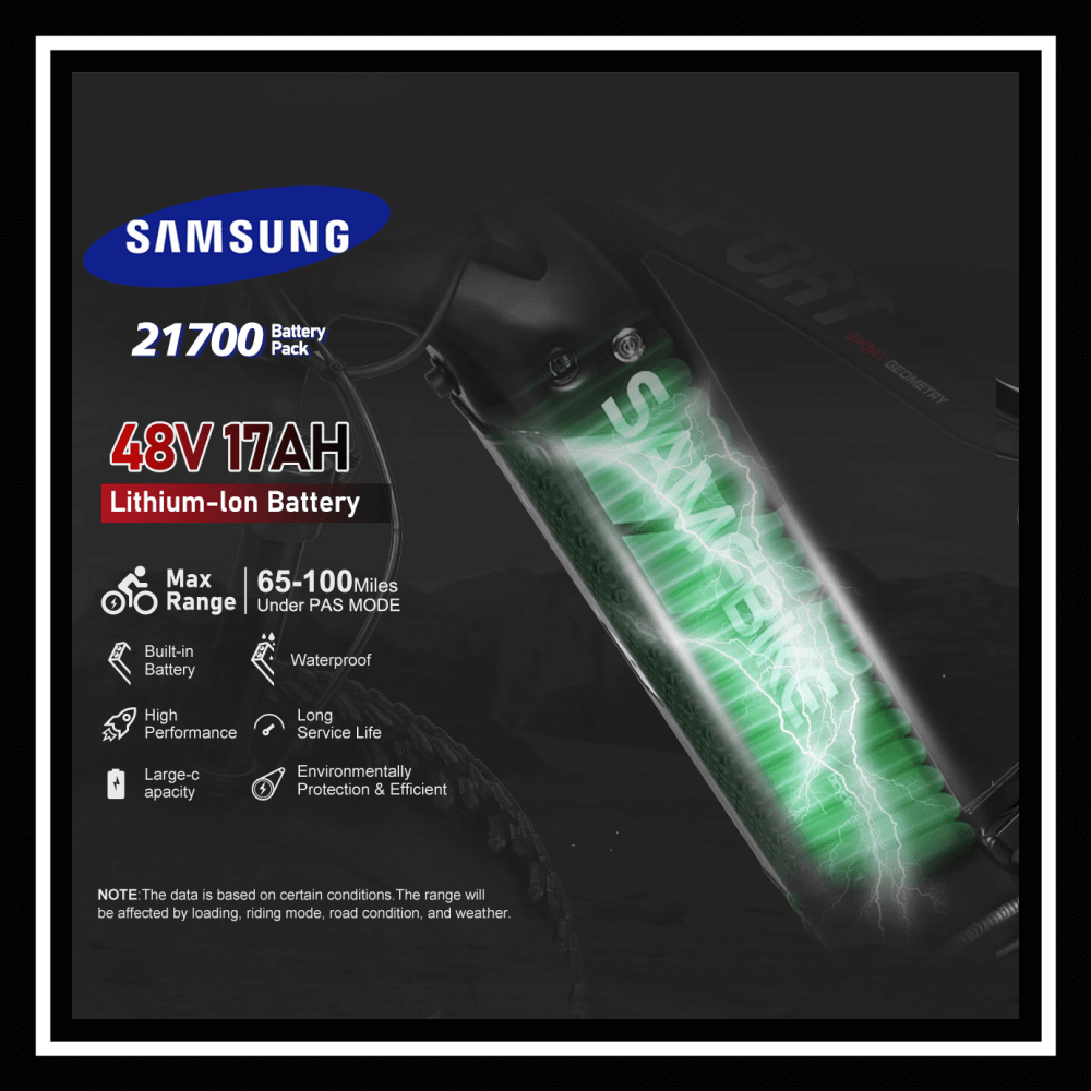 SAMEBIKE RSA08-II 48V 17Ah lithium-ion battery pack with performance specifications and range details.