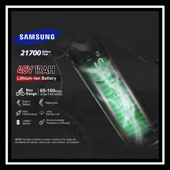 SAMEBIKE RSA08-II 48V 17Ah lithium-ion battery pack with performance specifications and range details.