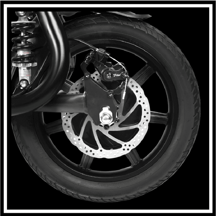 Close-up of the SAMEBIKE SM-C02 500W e-scooter's rear wheel and disc brake system.