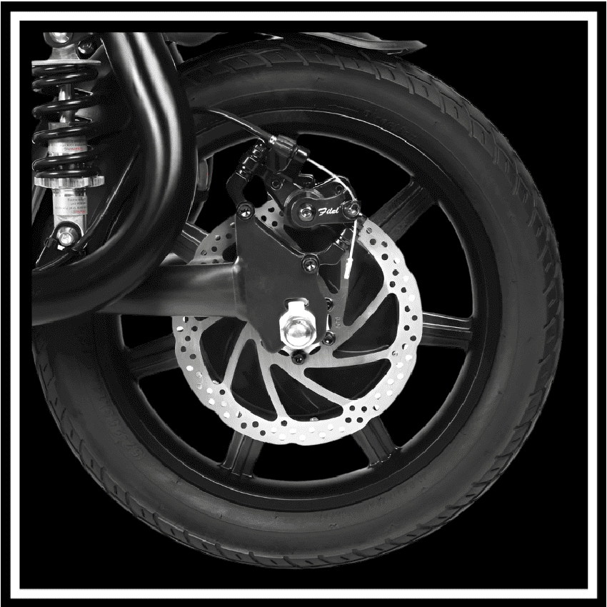 Close-up of the SAMEBIKE SM-C02 500W e-scooter's rear wheel and disc brake system.