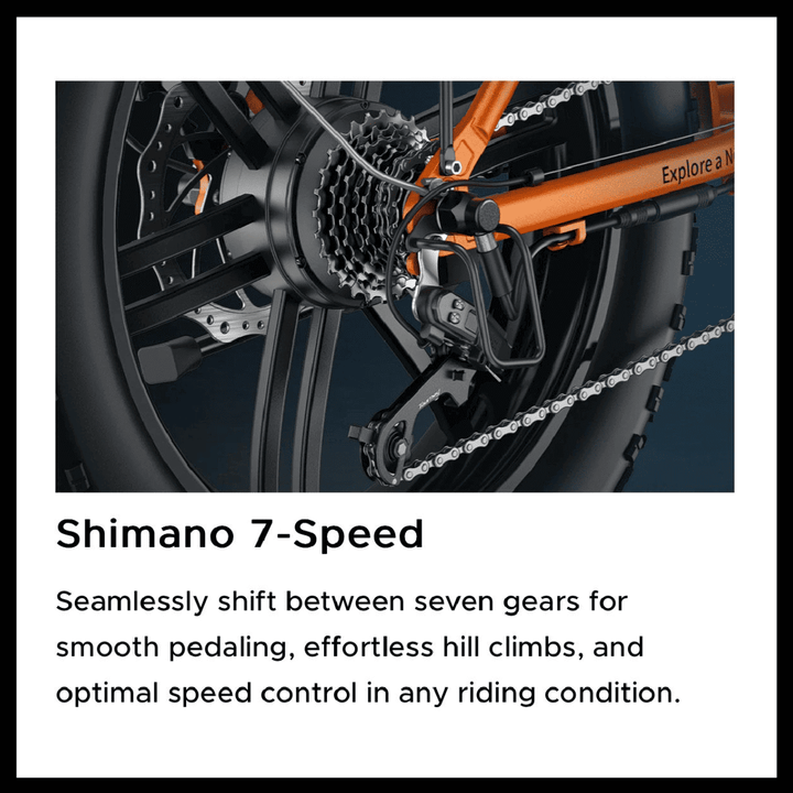 Shimano 7-Speed gear system for smooth pedaling and optimal speed control in any riding condition.