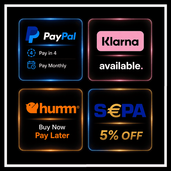 Payment options including PayPal, Klarna, humm, and SEPA with promotional text.