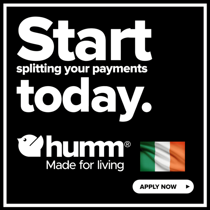 Start splitting your payments today with humm, featuring the Irish flag and a call to action to apply now.