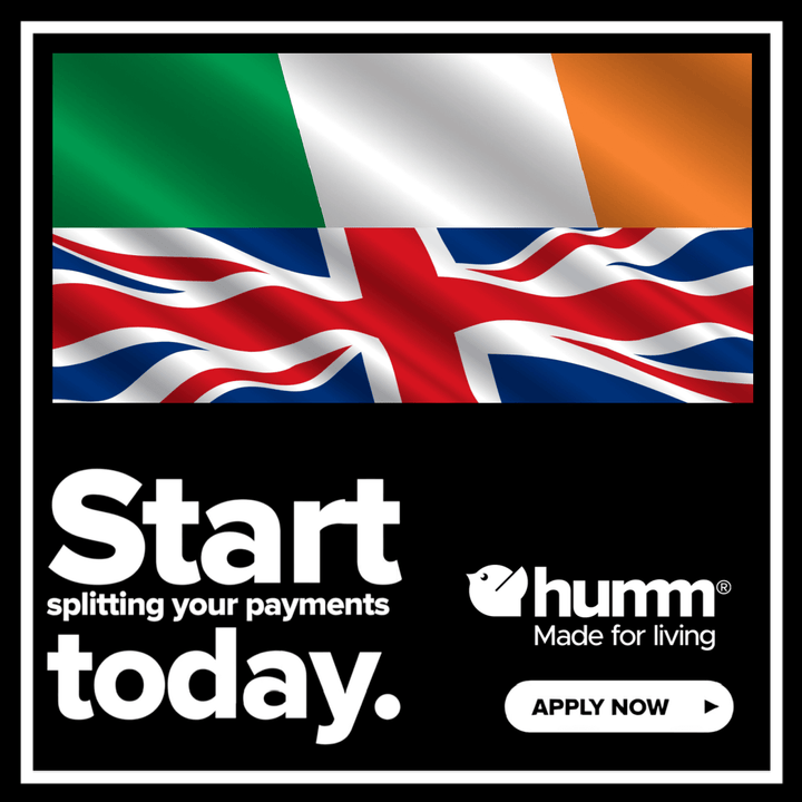 Image of Irish and British flags promoting humm payment solutions with "Start splitting your payments today." slogan.