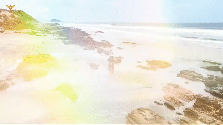 A scenic beach view with colorful light effects and a person walking along the shore.