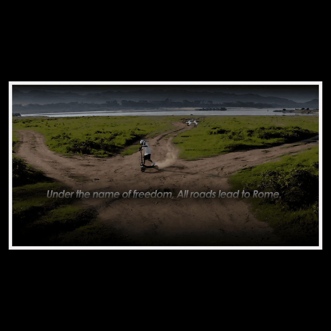 KUKIRIN G3 Pro electric scooter riding on an off-road path with scenic view, under the slogan 'All roads lead to Rome'.