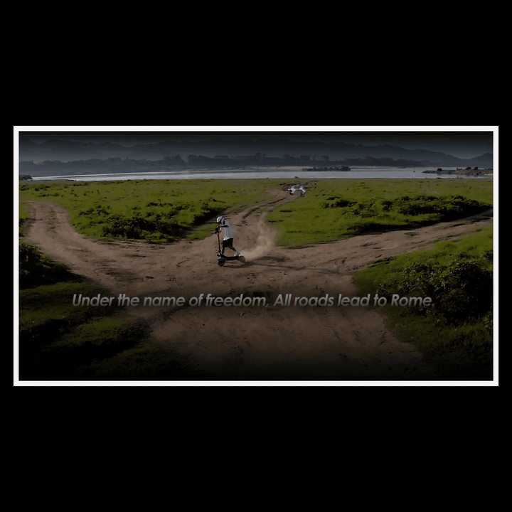 KUKIRIN G3 Pro electric scooter riding on an off-road path with scenic view, under the slogan 'All roads lead to Rome'.