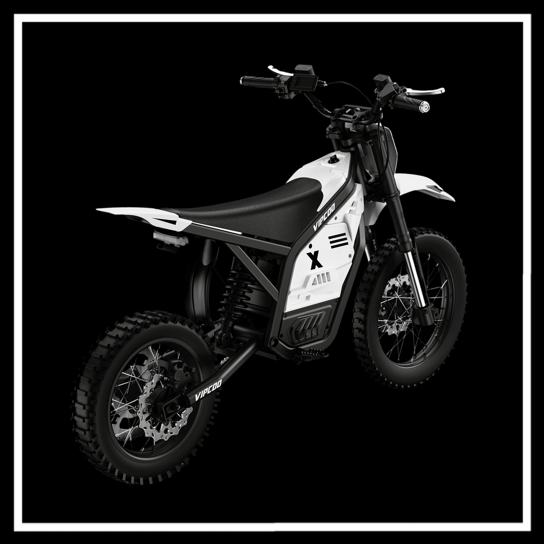 VIPCOO H2 electric dirt bike shown from the back on a black background, highlighting its sleek design and off-road capabilities.