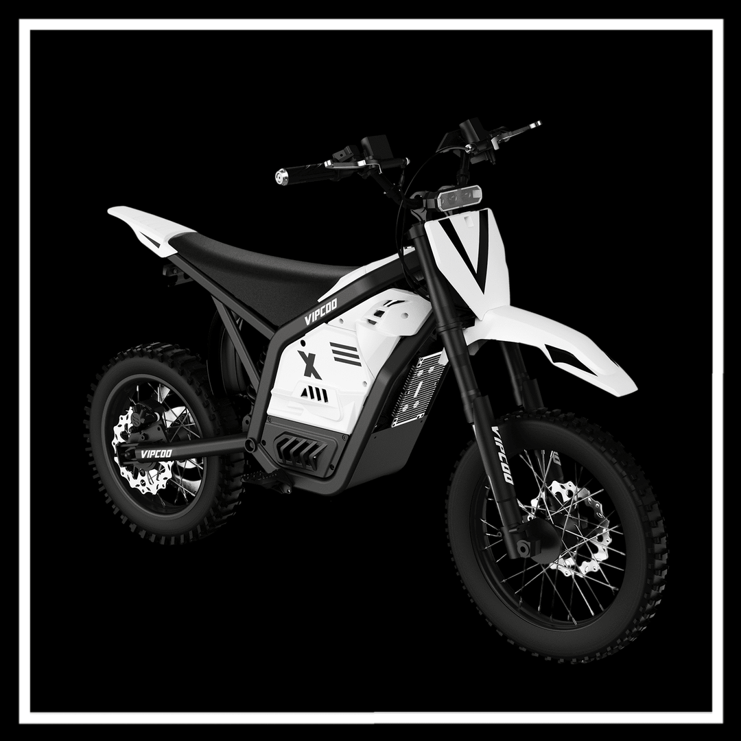 VIPCOO H2 electric dirt bike in white with black accents, showcasing its off-road design and features.