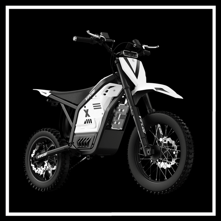 VIPCOO H2 electric dirt bike on a black background showcasing its compact design and off-road capabilities.