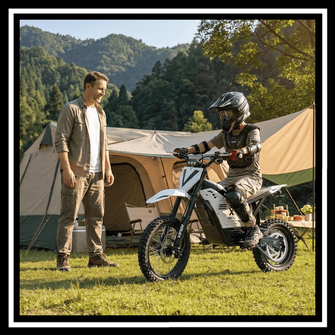 A man watches a child riding the VIPCOO H2 electric dirt bike near a camping tent.