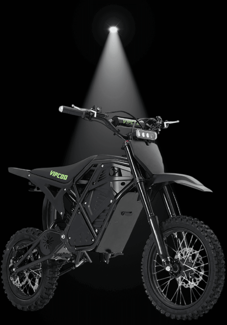 VIPCOO H3 electric dirt bike showcased under spotlight for off-road adventures.