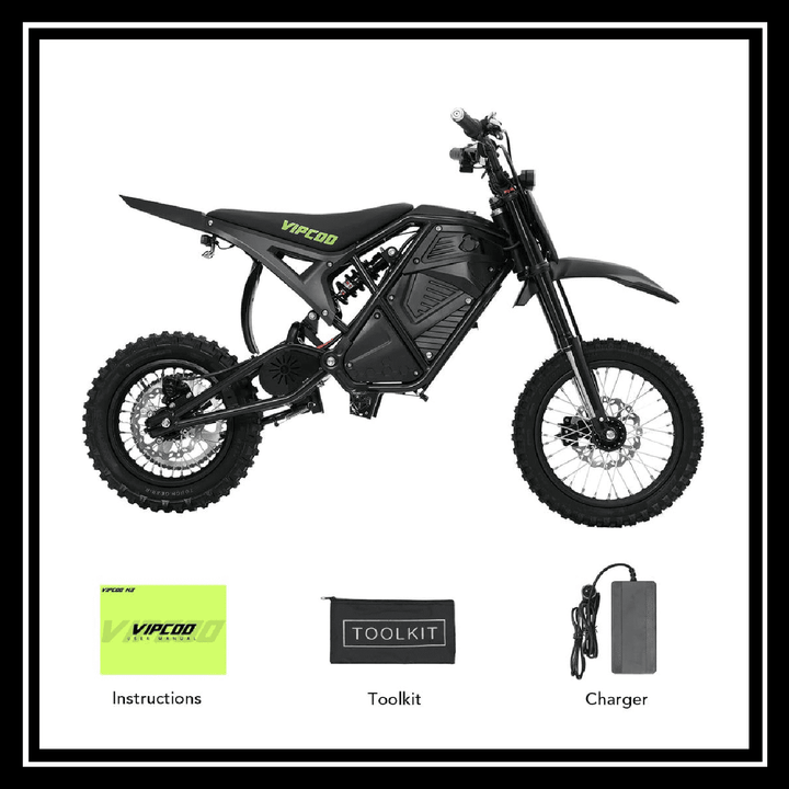 VIPCOO H3 3500W E-DIRT BIKE with toolkit, charger, and instructions for off-road adventures.