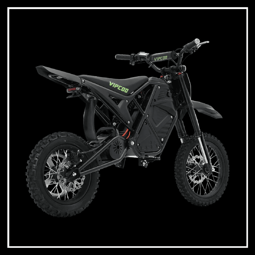 VIPCOO H3 3500W E-DIRT BIKE showcased in black against a dark background, highlighting its rugged design and off-road capabilities.