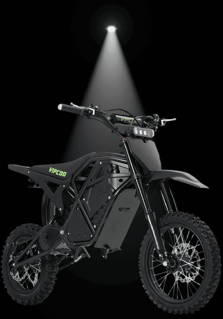 VIPCOO H3 3500W E-DIRT BIKE showcasing sleek design under powerful spotlight