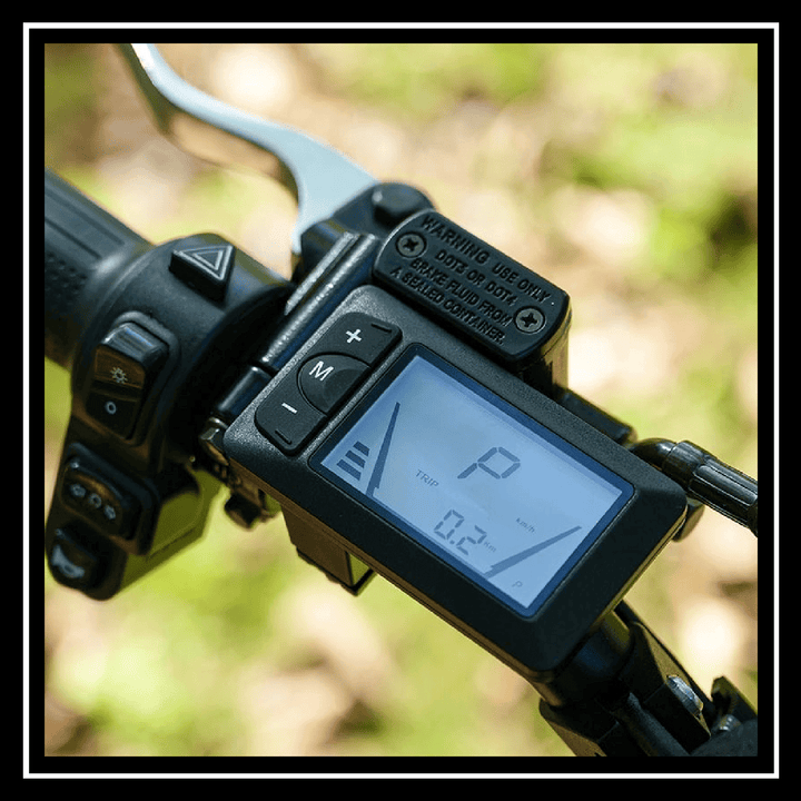 Display screen on the VIPCOO H3 3500W E-DIRT BIKE showing trip information and settings.