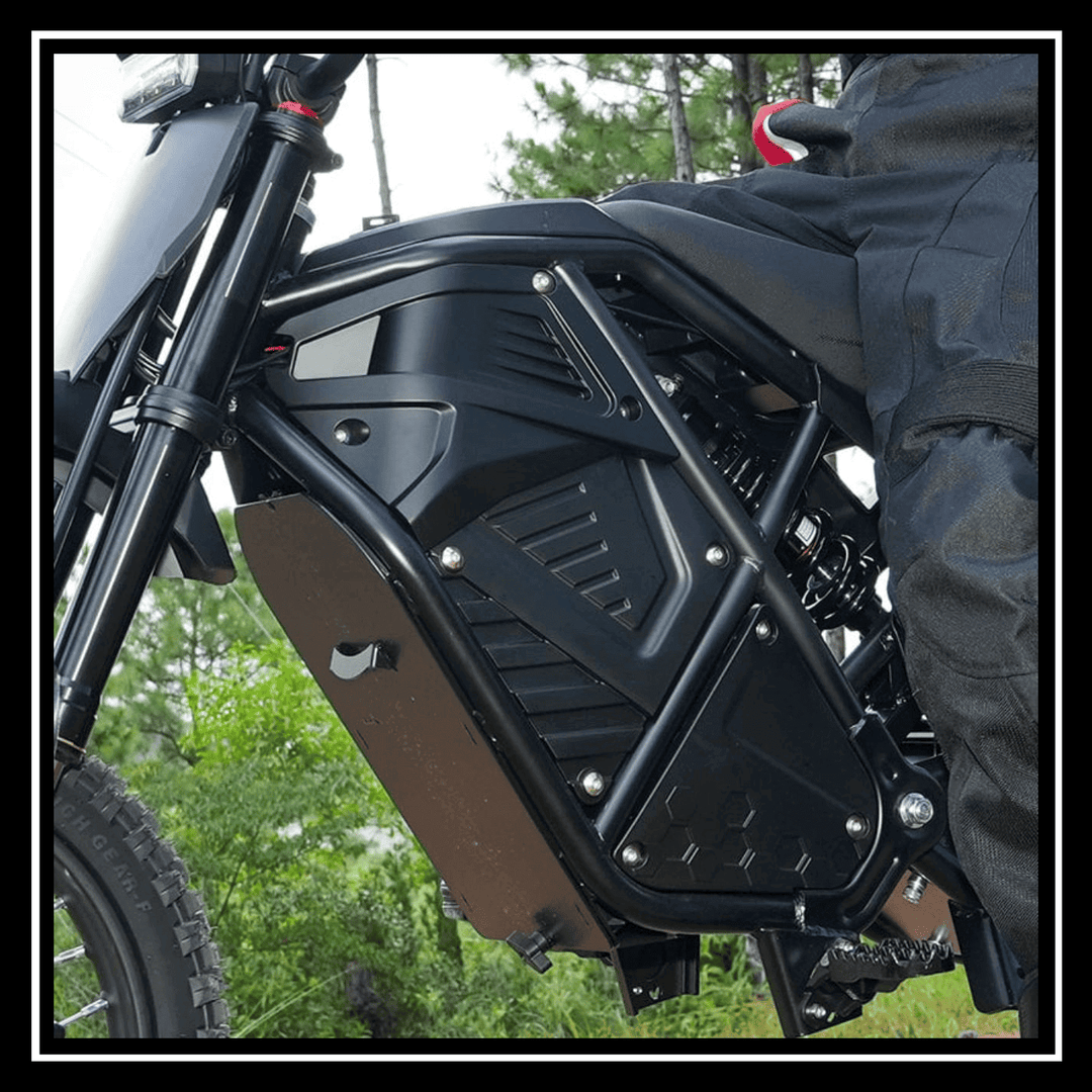 VIPCOO H3 3500W E-DIRT BIKE close-up showing the durable side frame and protective components for off-road riding.