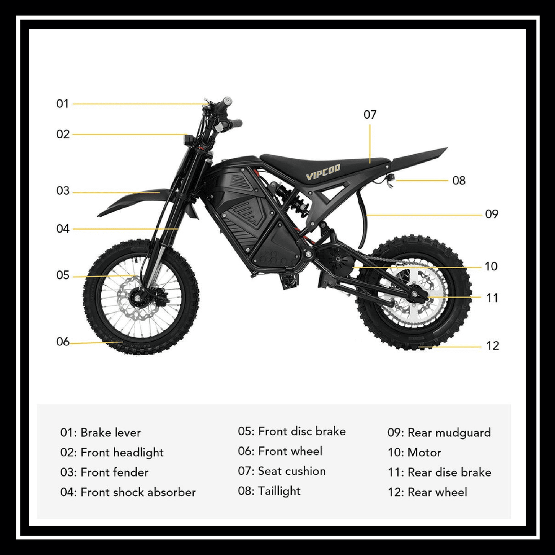Image of VIPCOO H3 3500W E-DIRT BIKE showcasing key features and parts labeled for reference.
