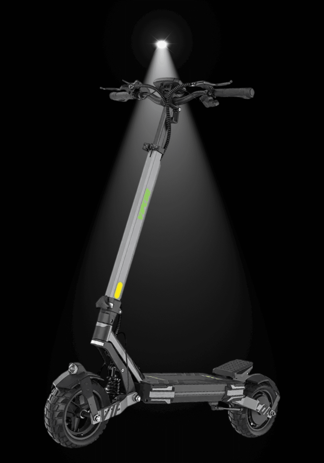 VIPCOO VS6 E-SCOOTER illuminated against dark background showcasing sleek design and durable build.