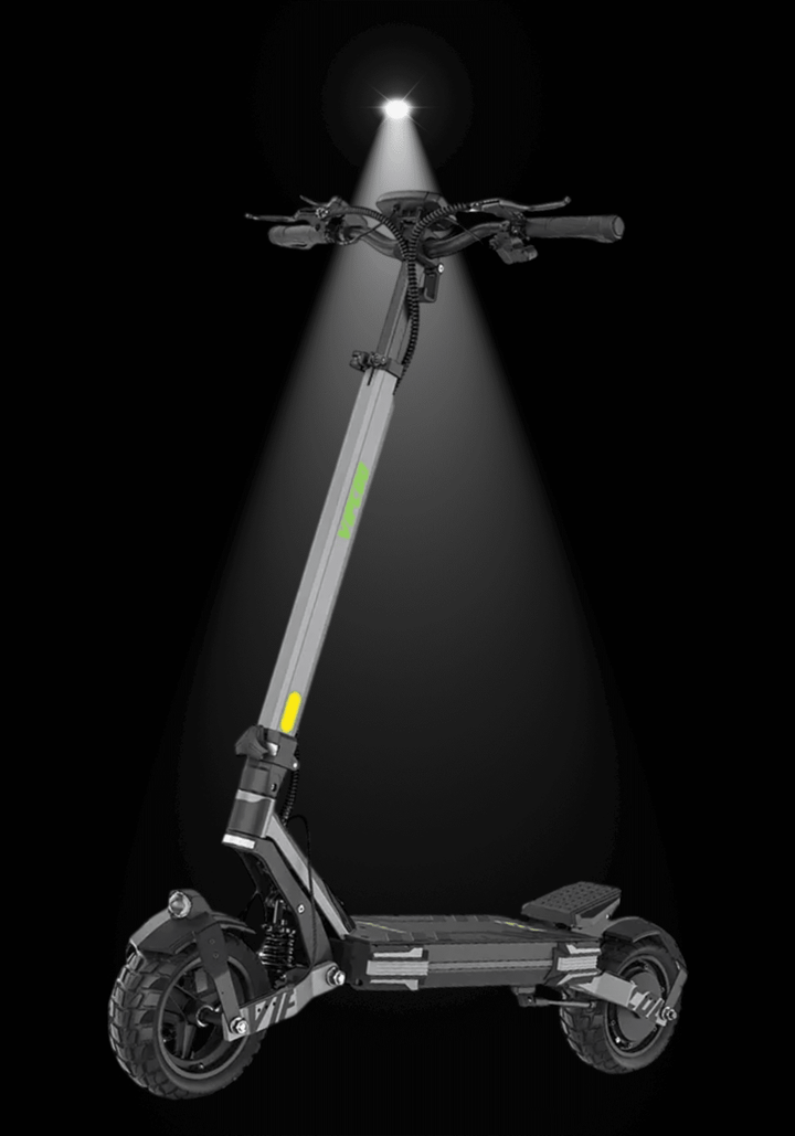VIPCOO VS6 E-SCOOTER illuminated against dark background showcasing sleek design and durable build.
