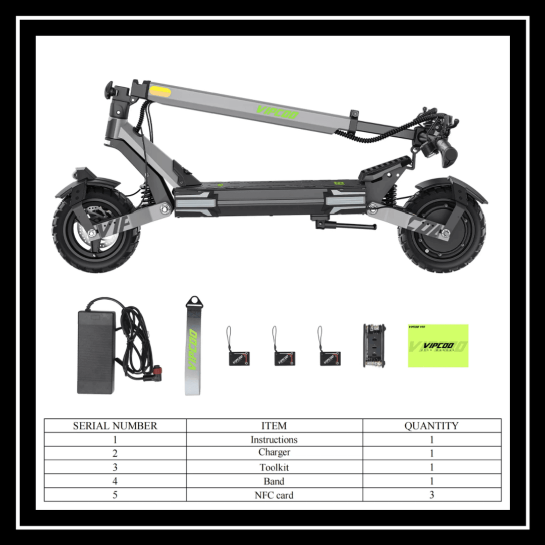 VIPCOO VS6 E-SCOOTER folded with accessories including charger, toolkit, band, and NFC card.