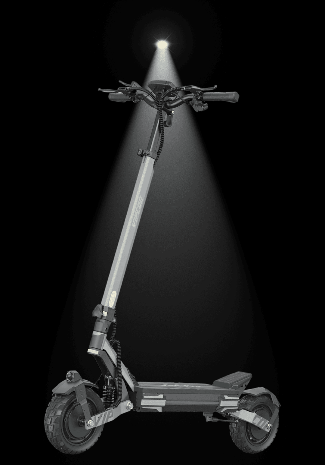 VIPCOO VS6 PRO Off-Road Electric Scooter with headlights and rugged tires in a dramatic spotlight.