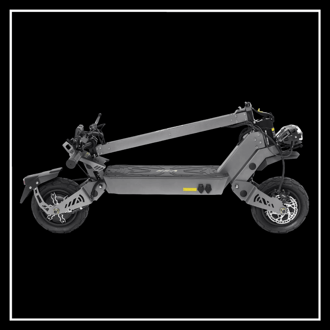 VIPCOO VS9 ELECTRIC SCOOTER folded for easy storage and transport, showcasing its sleek design and off-road capabilities.