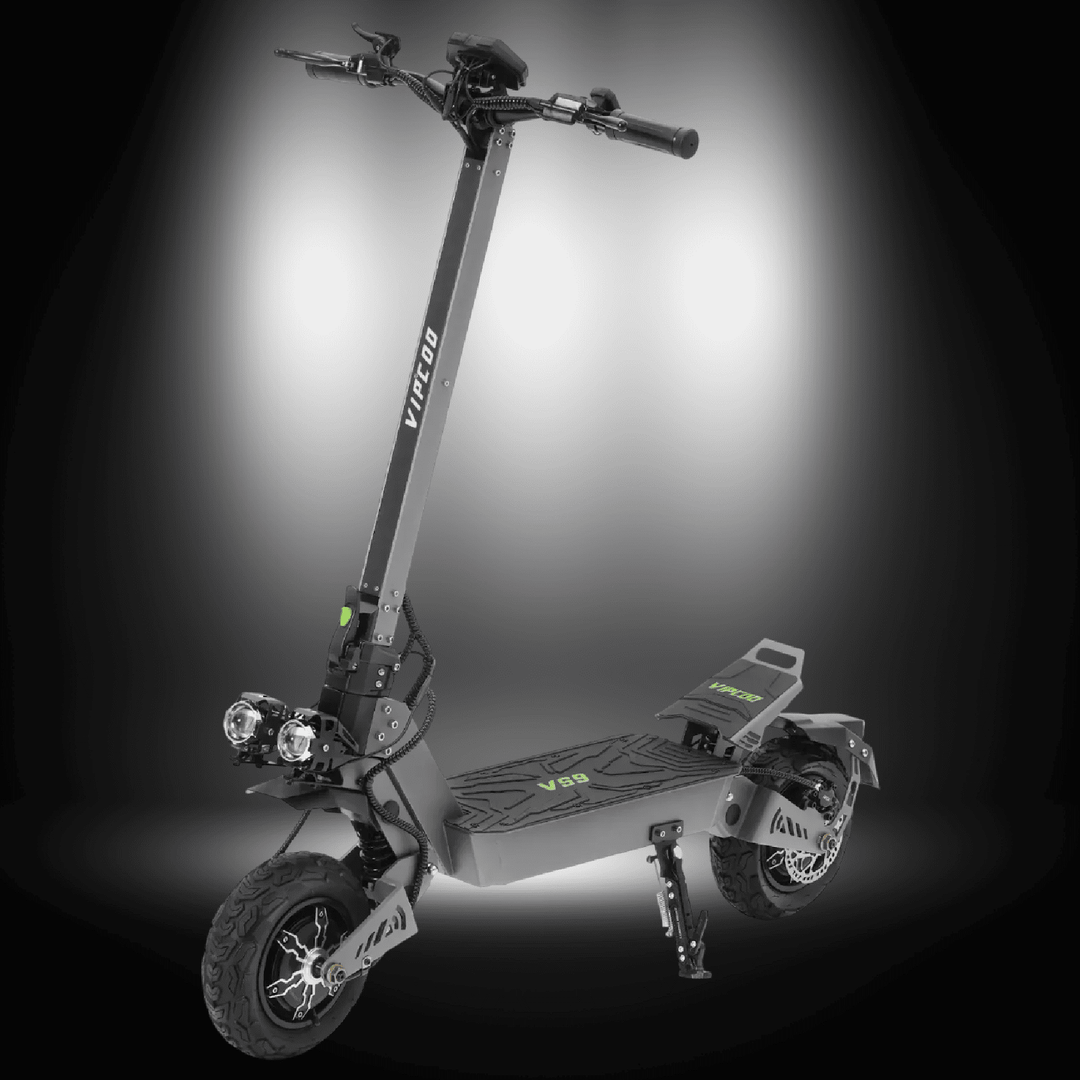 ELECTRIC SCOOTER VIPCOO VS9 shown in a dramatic spotlight, showcasing its sleek design and robust features.