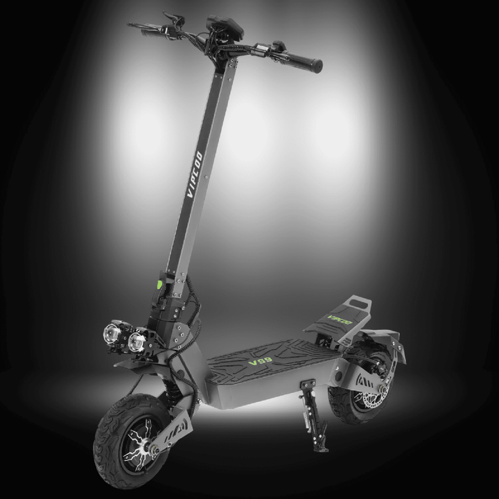 ELECTRIC SCOOTER VIPCOO VS9 shown in a dramatic spotlight, showcasing its sleek design and robust features.