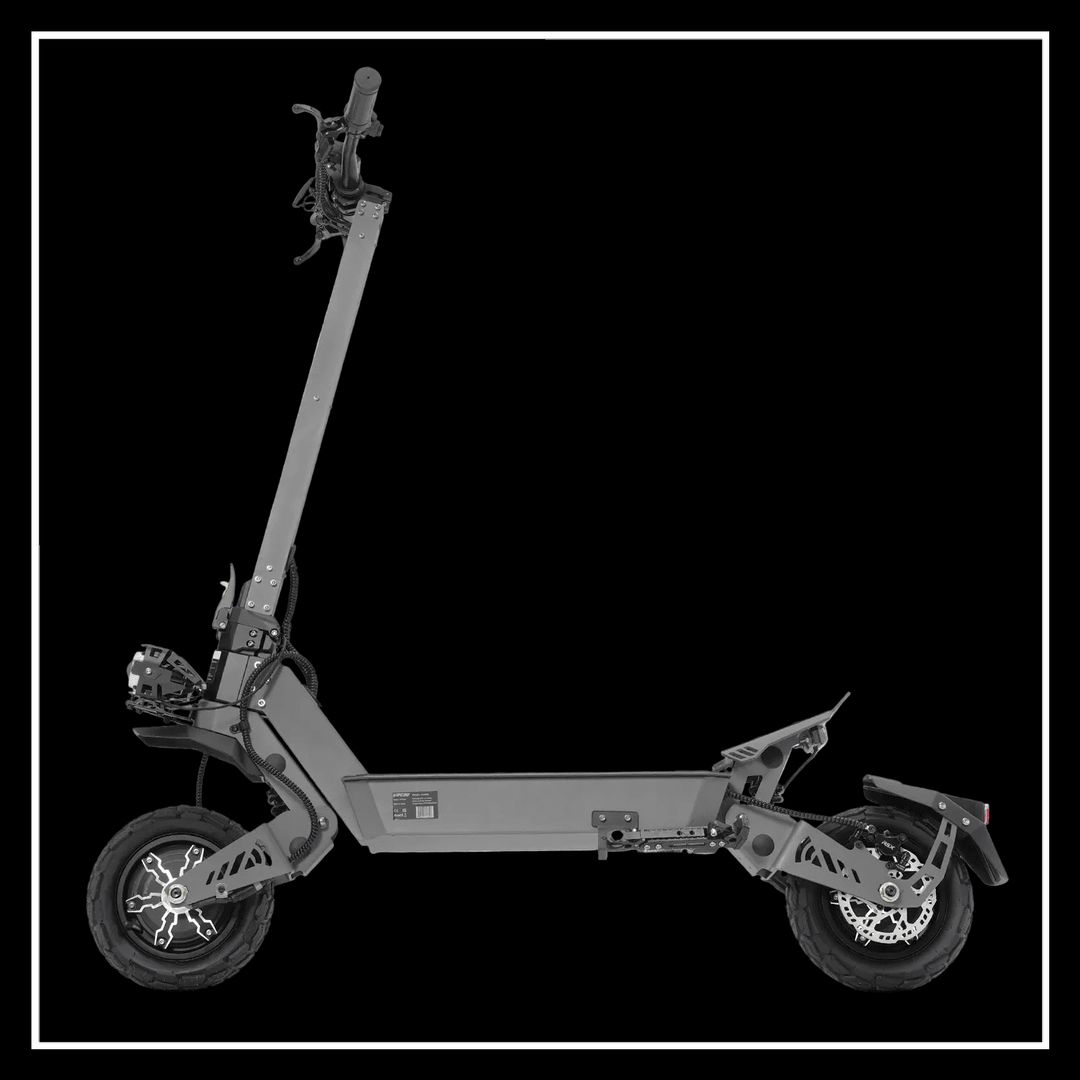 ELECTRIC SCOOTER VIPCOO VS9 side view on a black background, showcasing its rugged design and foldable feature.