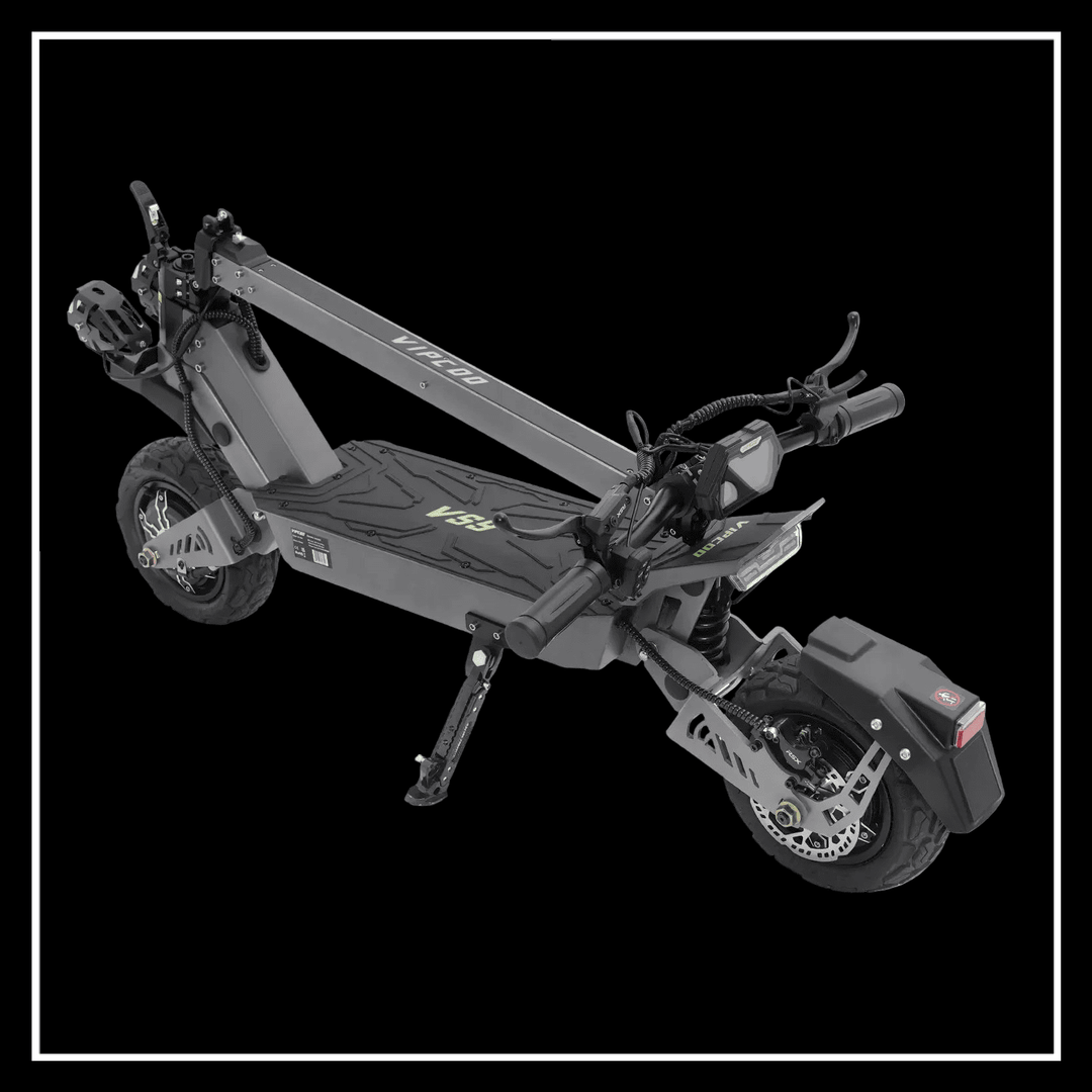 VIPCOO VS9 ELECTRIC SCOOTER in a folded position showcasing its compact design and off-road capabilities.