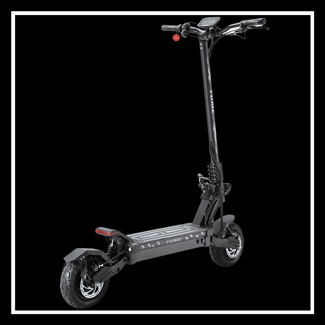 YUME HAWK electric scooter showcasing its sleek design and dual motor features on a black background.