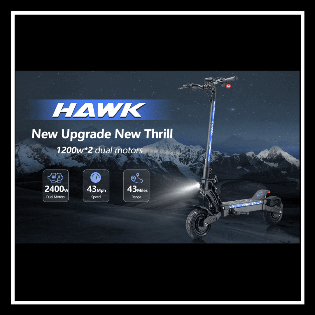 YUME HAWK electric scooter featuring 2400W dual motors, 43 mph speed, and 43 miles range on a scenic mountain backdrop.