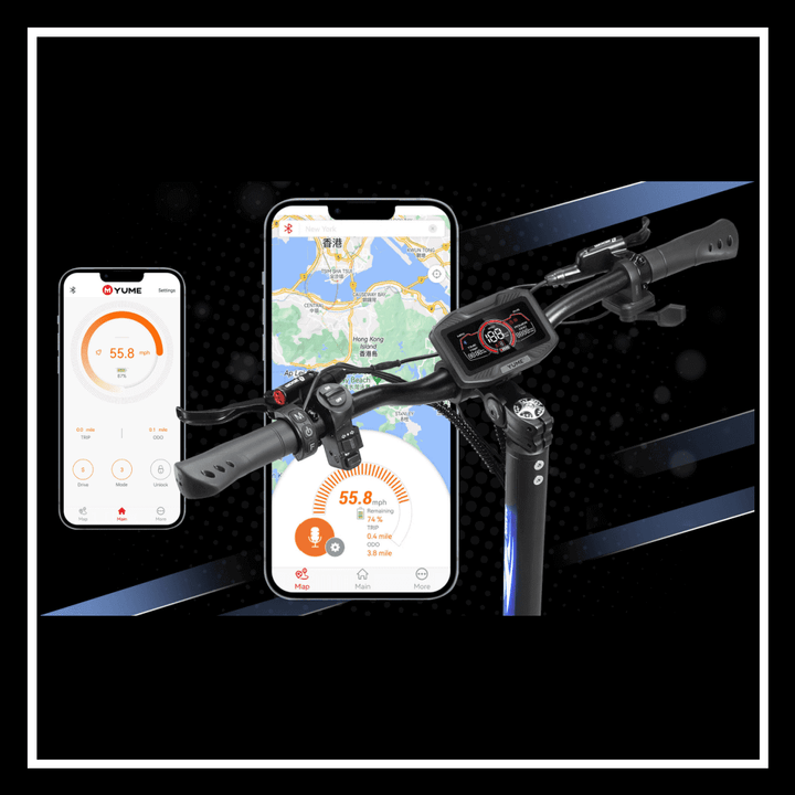 YUME HAWK electric scooter display and smartphone app showing performance metrics and map.