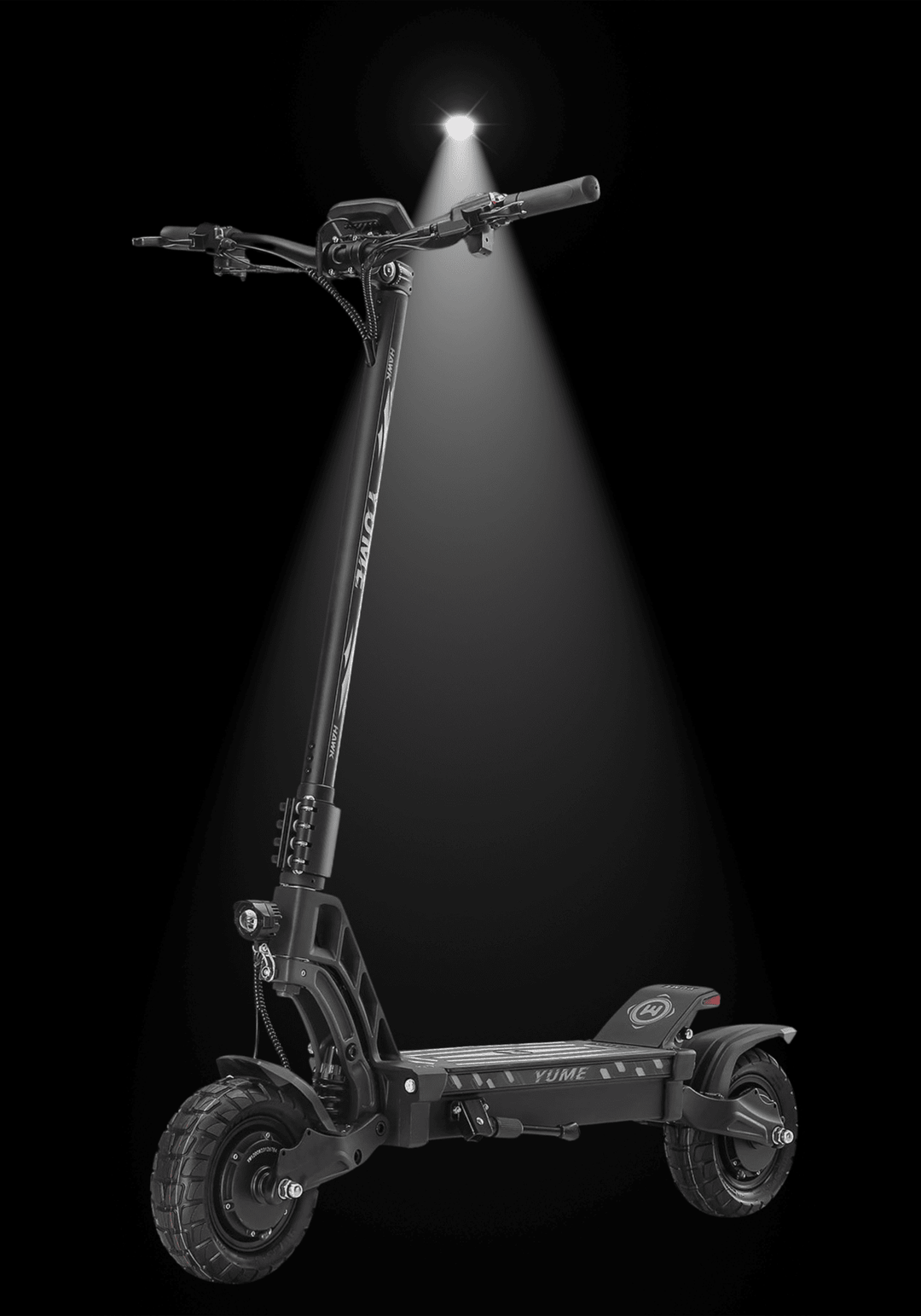 YUME HAWK electric scooter displayed under a spotlight, showcasing its sleek design and powerful build.
