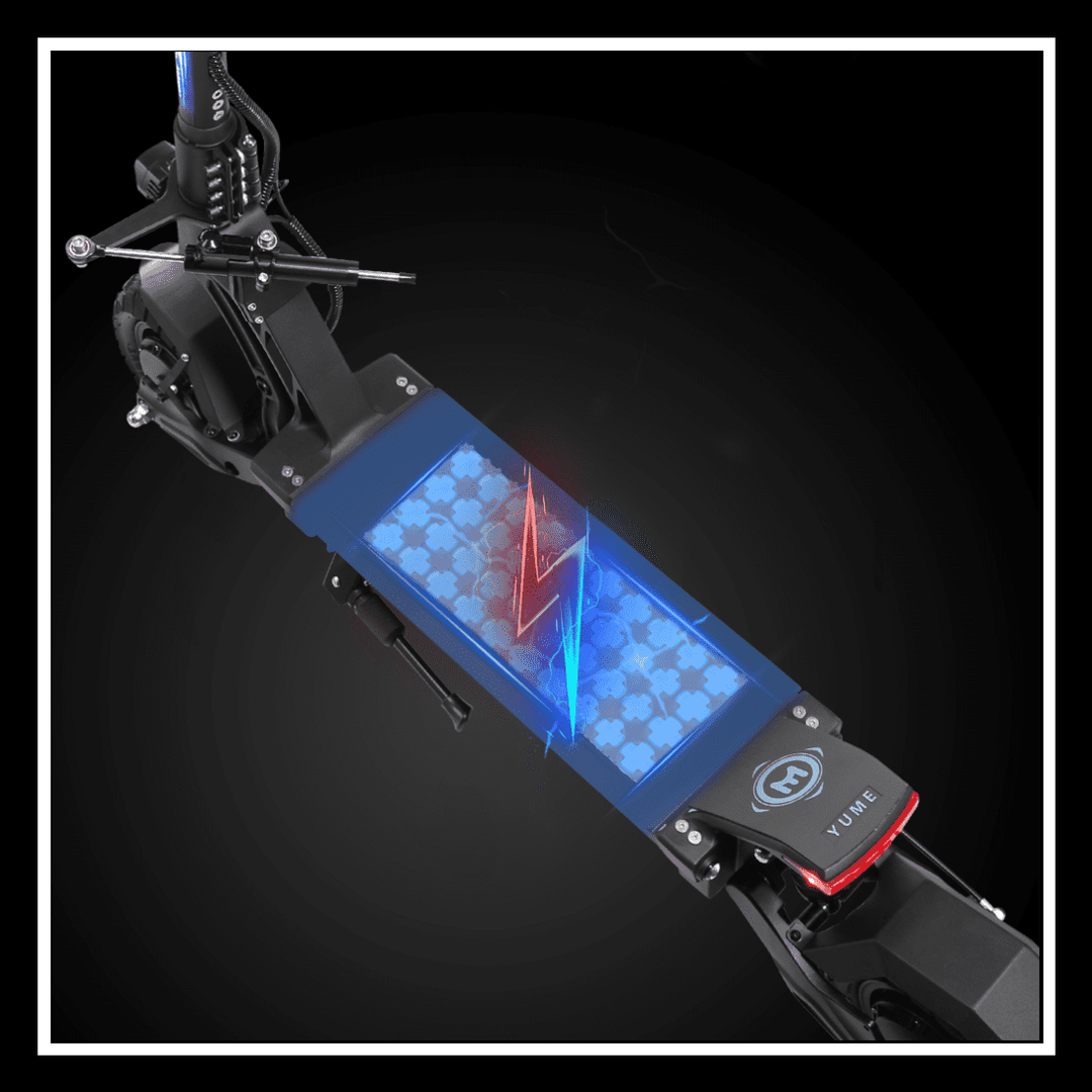 Top view of YUME HAWK electric scooter showcasing its powerful dual motors and advanced battery design.