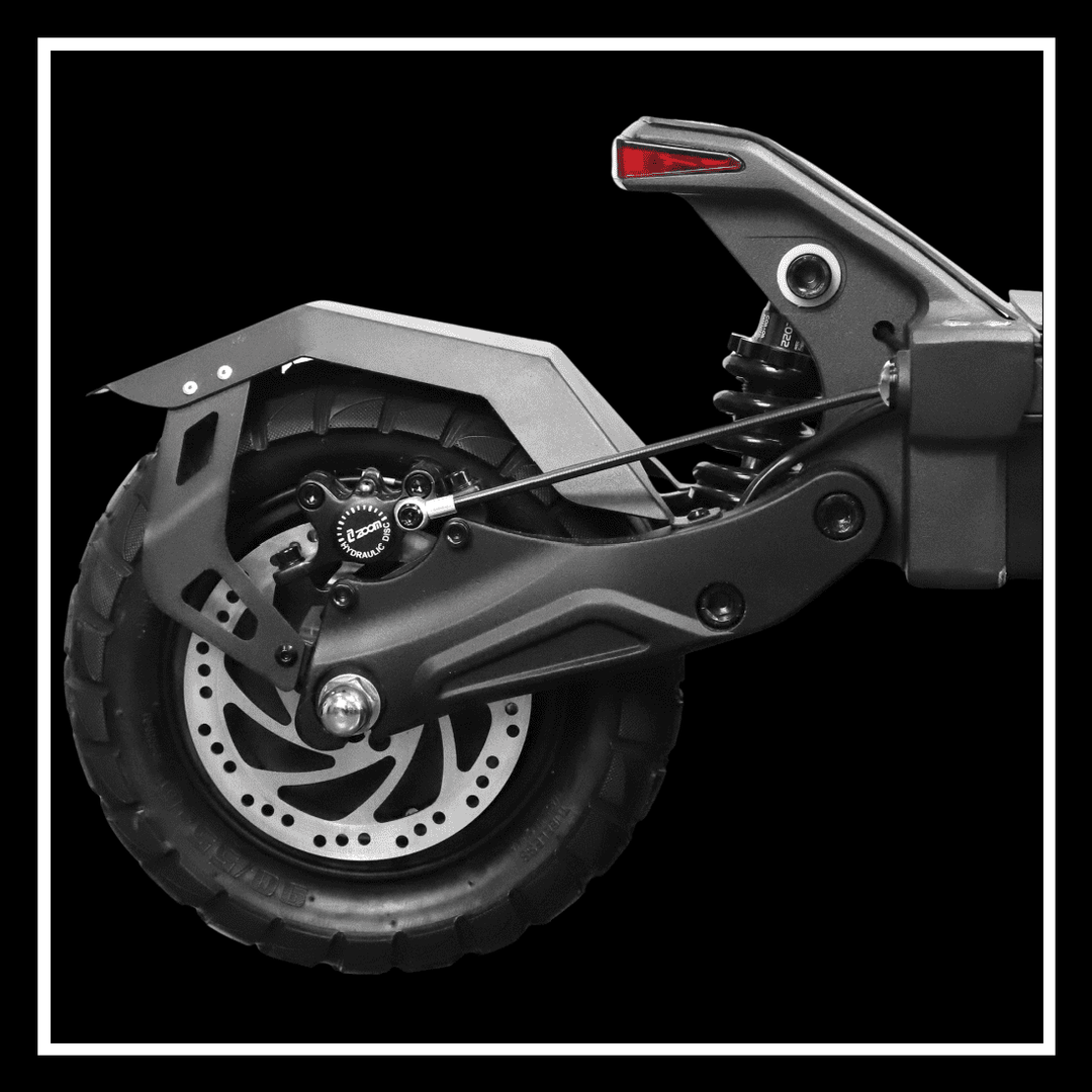 YUME HAWK electric scooter rear wheel showing advanced suspension and brake system